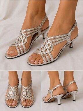 Caparros Silver Metallic Strappy Kitten Heel Sandals